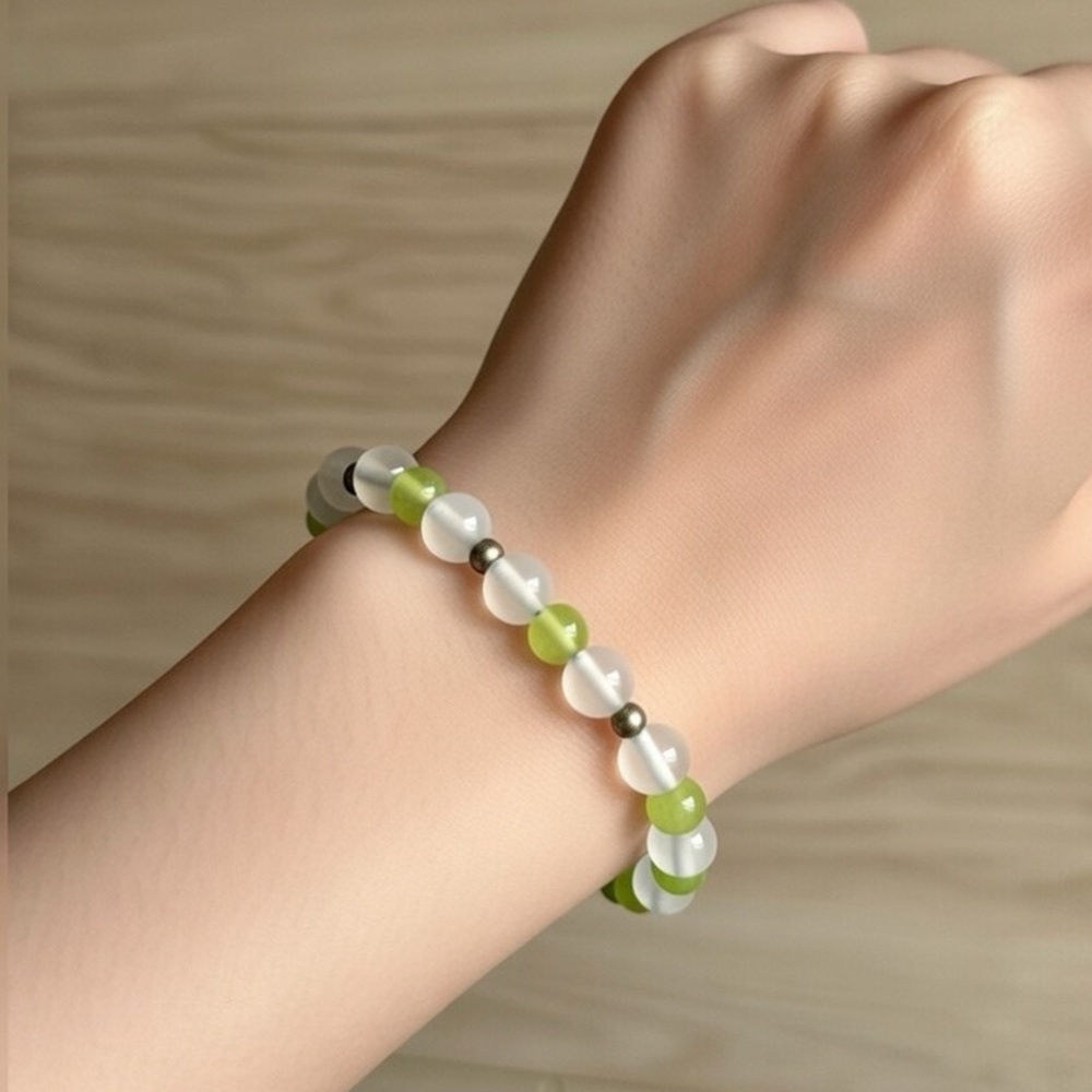 Peridot and Glass Cat’s  Bead Stretch Bracelets 6”- 6.5”
